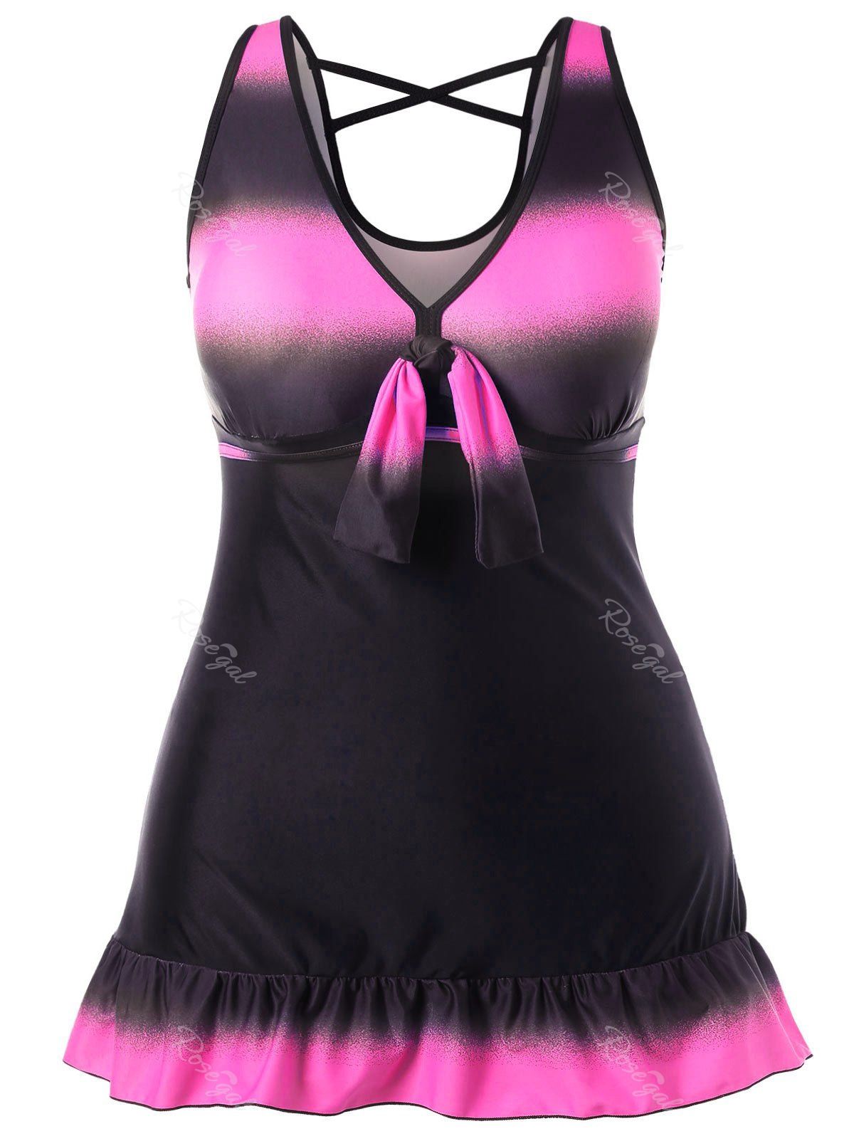 

Cutout Plus Size Frill Boyleg Tankini Set, Pink