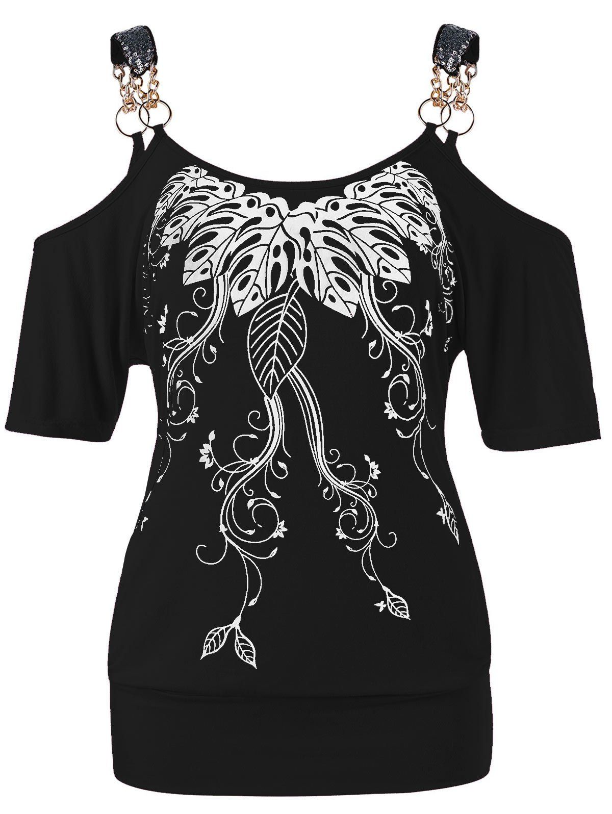 

Cold Shoulder Leaf Printed T-shirt, Black