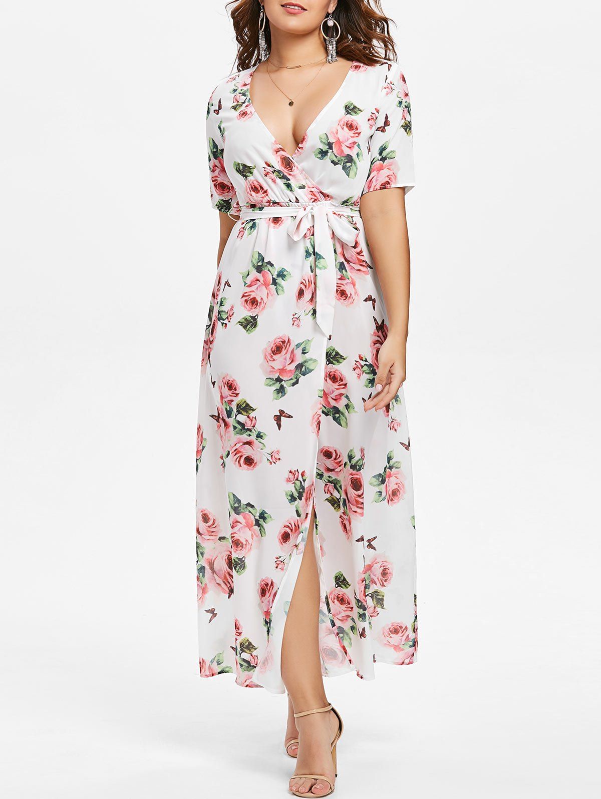 

Plunging Neckline Floral Maxi Surplice Dress, White