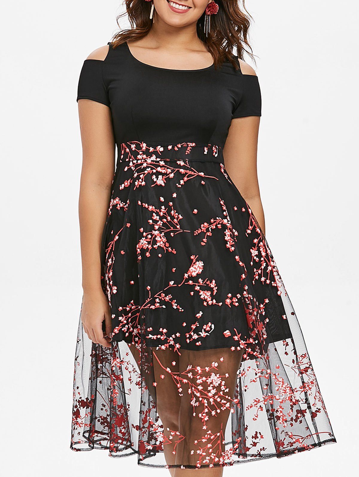 

Floral Branch Shoulder Cut Flared Dress, Black