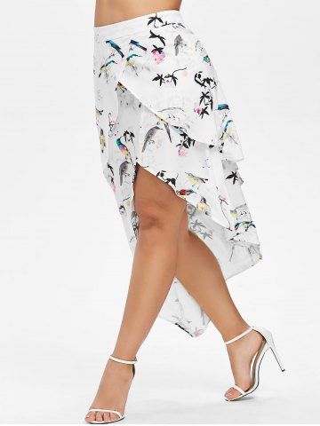 

Birds Print Layered High Low Skirt, White