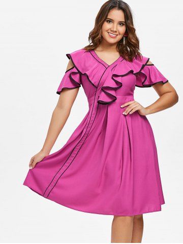 

Contrast Frill Cold Shoulder Midi Dress, Rose red