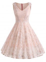 V Neck Floral Lace A Line Dress -  