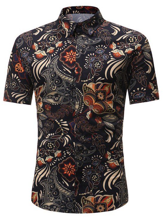 

Floral Pattern Button Up Summer Hawaiian Shirt, Deep brown