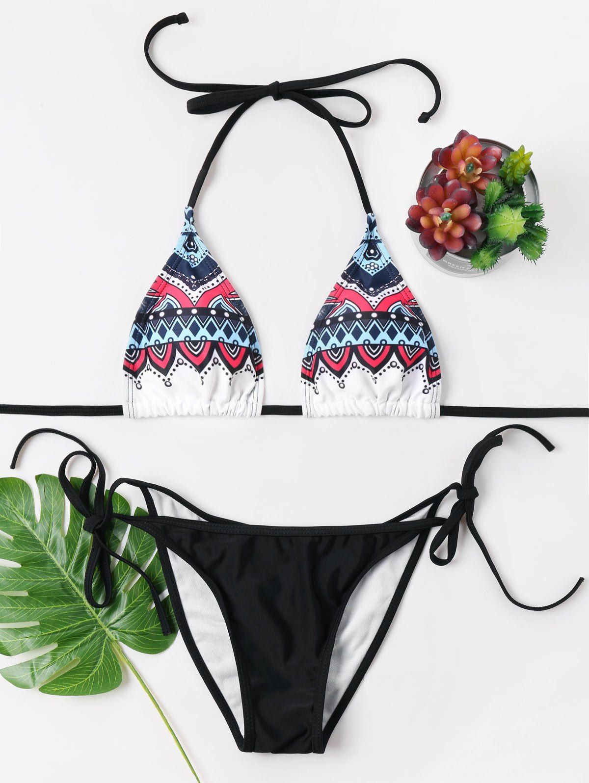 

Tribal Print Padded String Bikini Set, Black