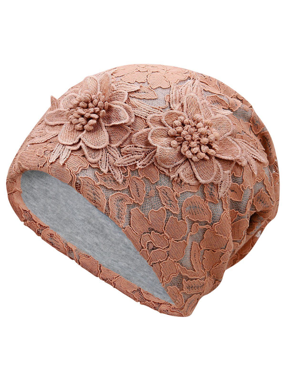 

Outdoor Floral Pattern Embellished Lace Beanie, Khaki rose