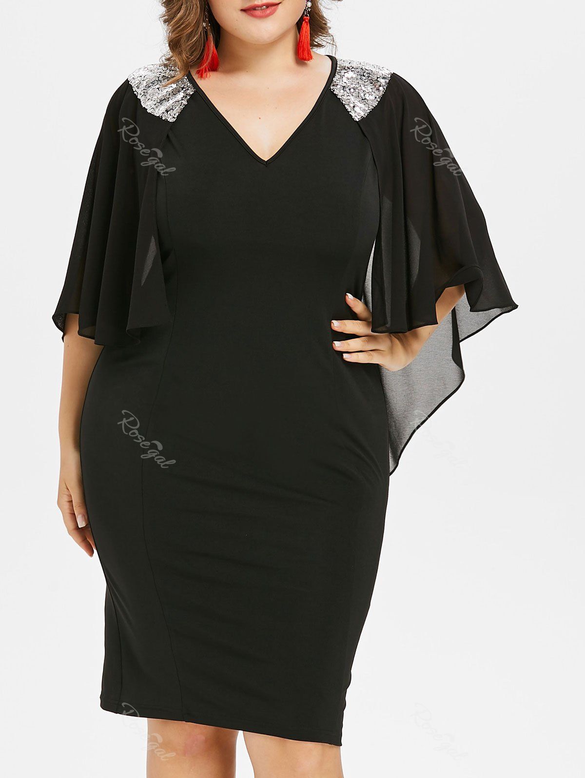 

Plus Size V Neck Sparkly Capelet Dress, Black