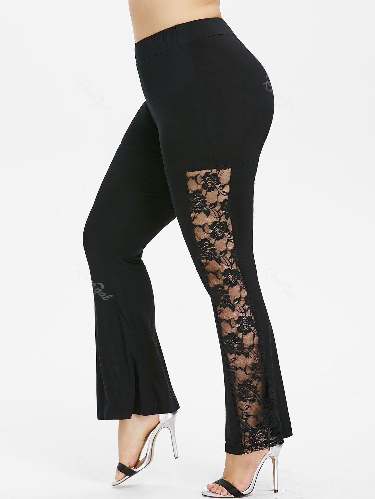 

Plus Size Sheer Lace Trim Flare Pants, Black