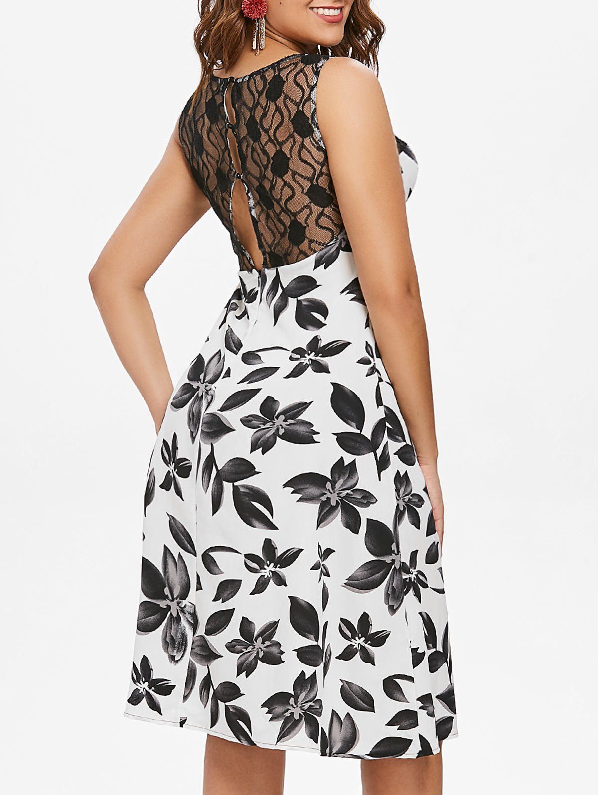 

Floral Print Lace Insert A Line Dress, Multi