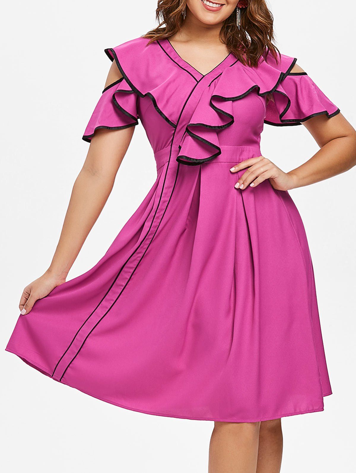 

Contrast Frill Cold Shoulder Midi Dress, Rose red