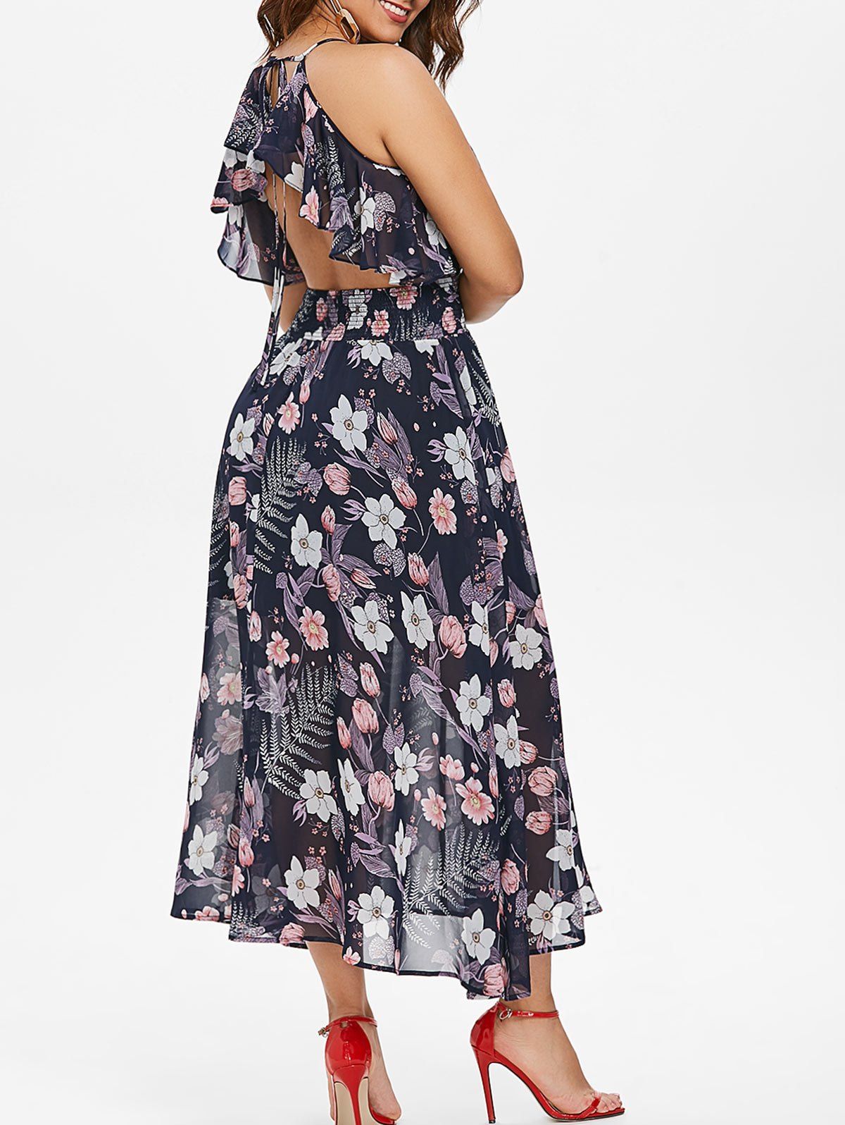 

Floral Ruffle Backless Maxi Dress, Blue