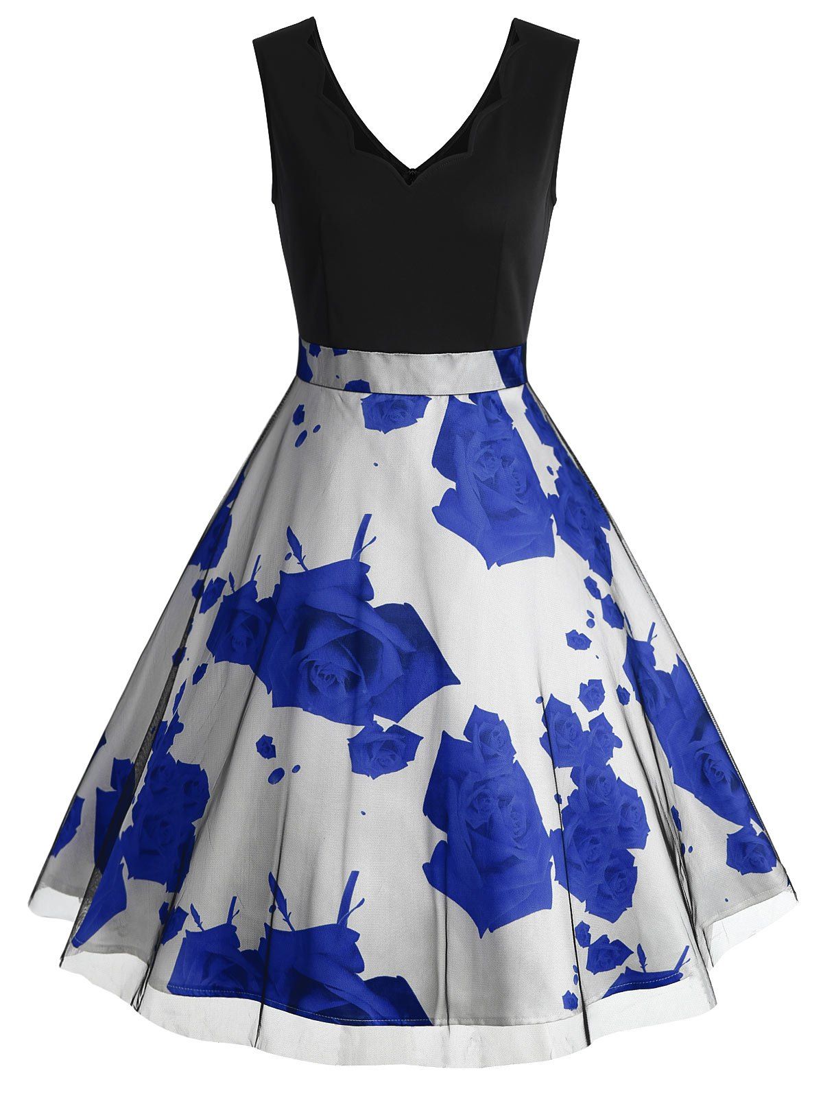 

Rose Print Scalloped Sleeveless Vintage Dress, Cobalt blue