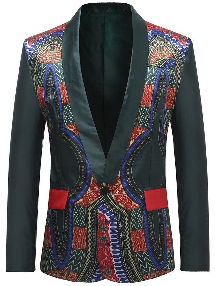 

African Dashiki Single Button Design Blazer, Green