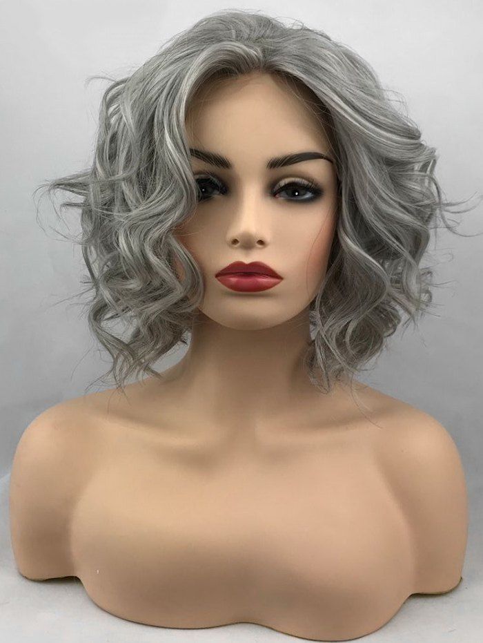 

Short Side Bang Wavy Synthetic Lace Front Wig, Gray goose