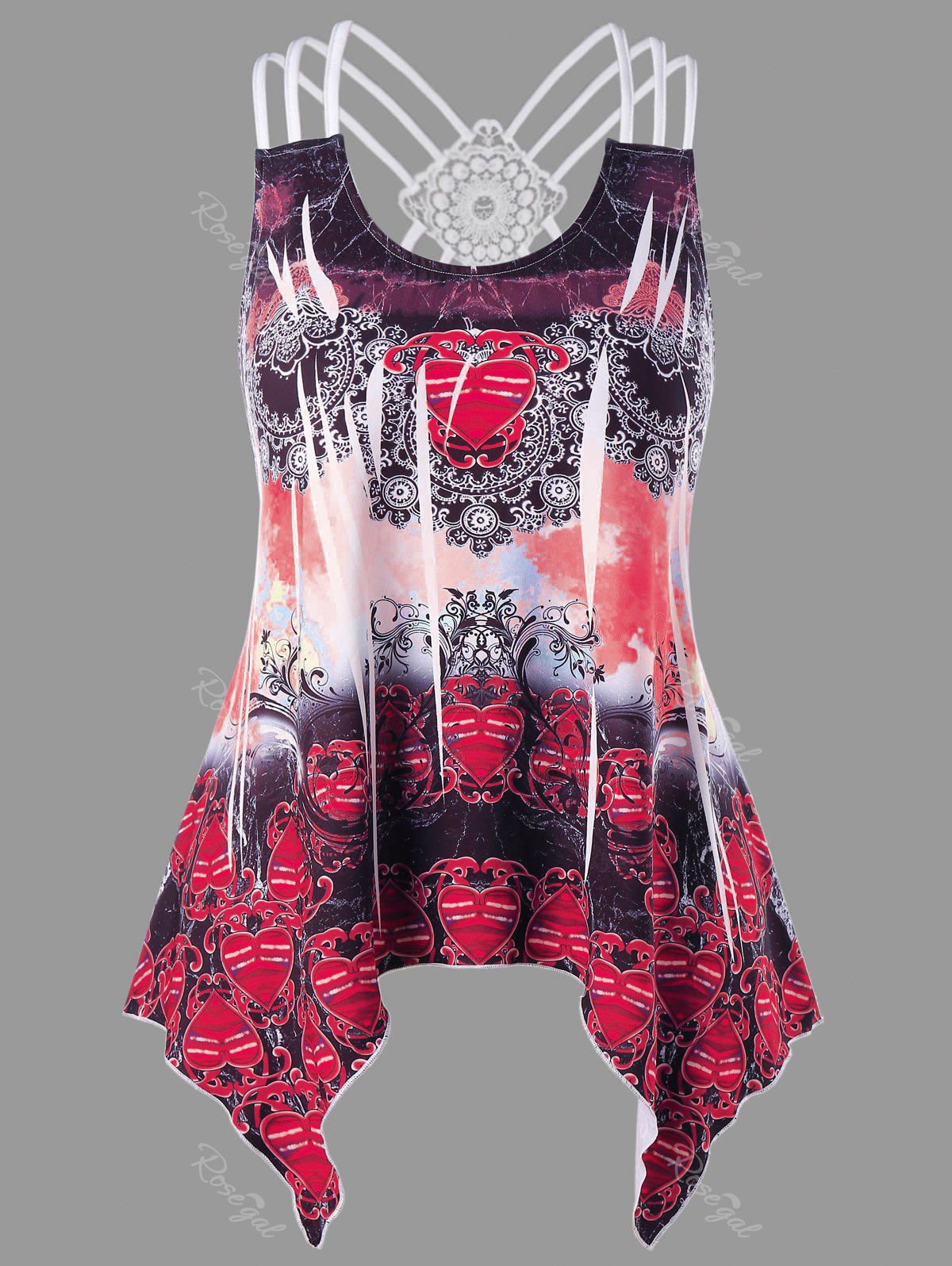 

Plus Size Tribal Print Criss Cross Asymmetric Tank Top, Fire engine red