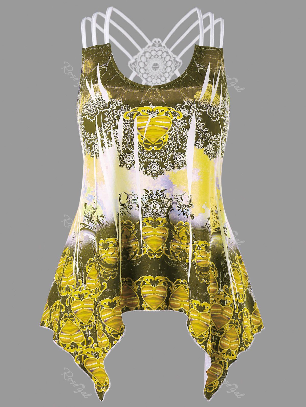 

Plus Size Tribal Print Criss Cross Asymmetric Tank Top, Bright yellow