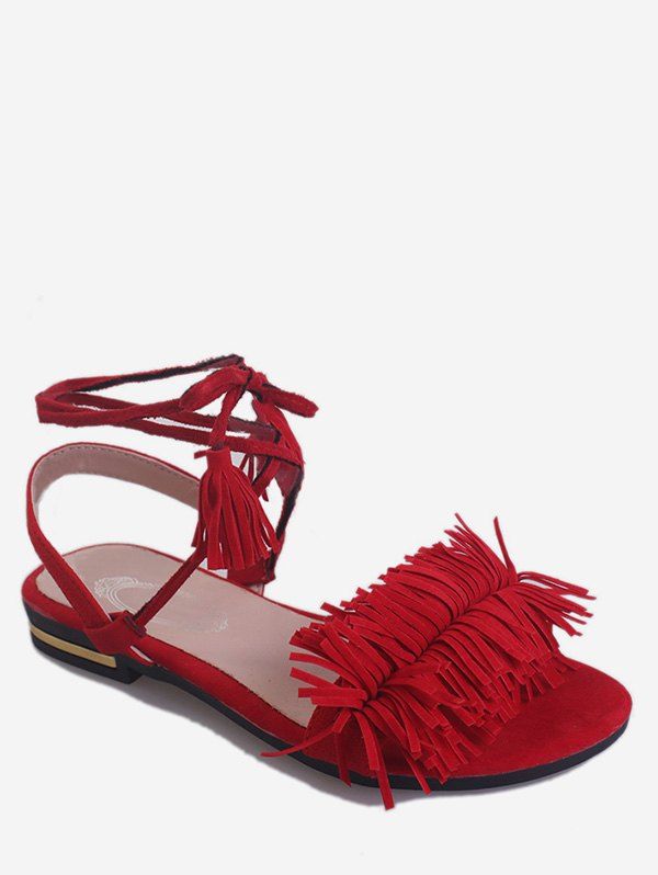 

Flat Heel Ankle Wrapped Sandals, Fire engine red