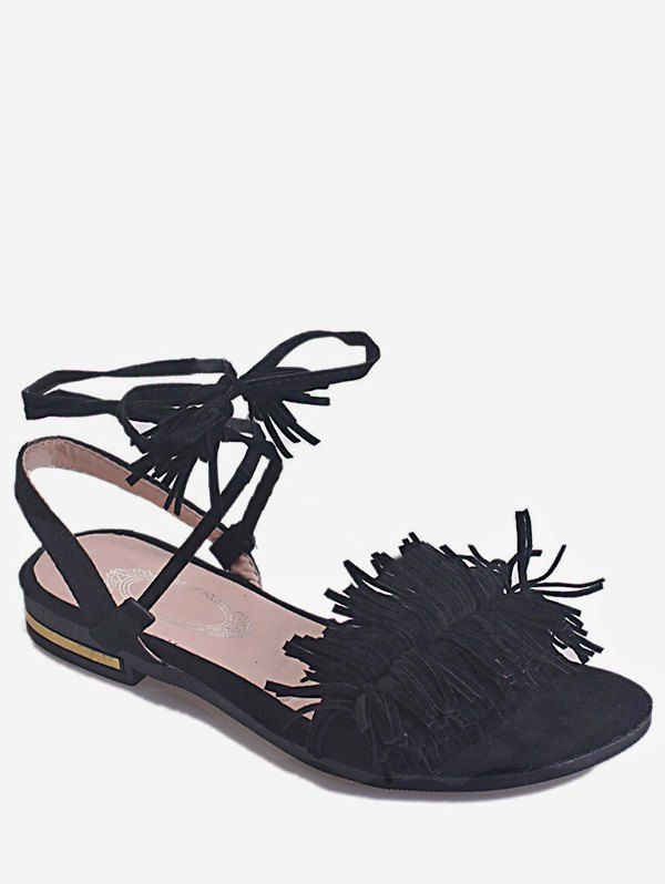 

Flat Heel Ankle Wrapped Sandals, Black