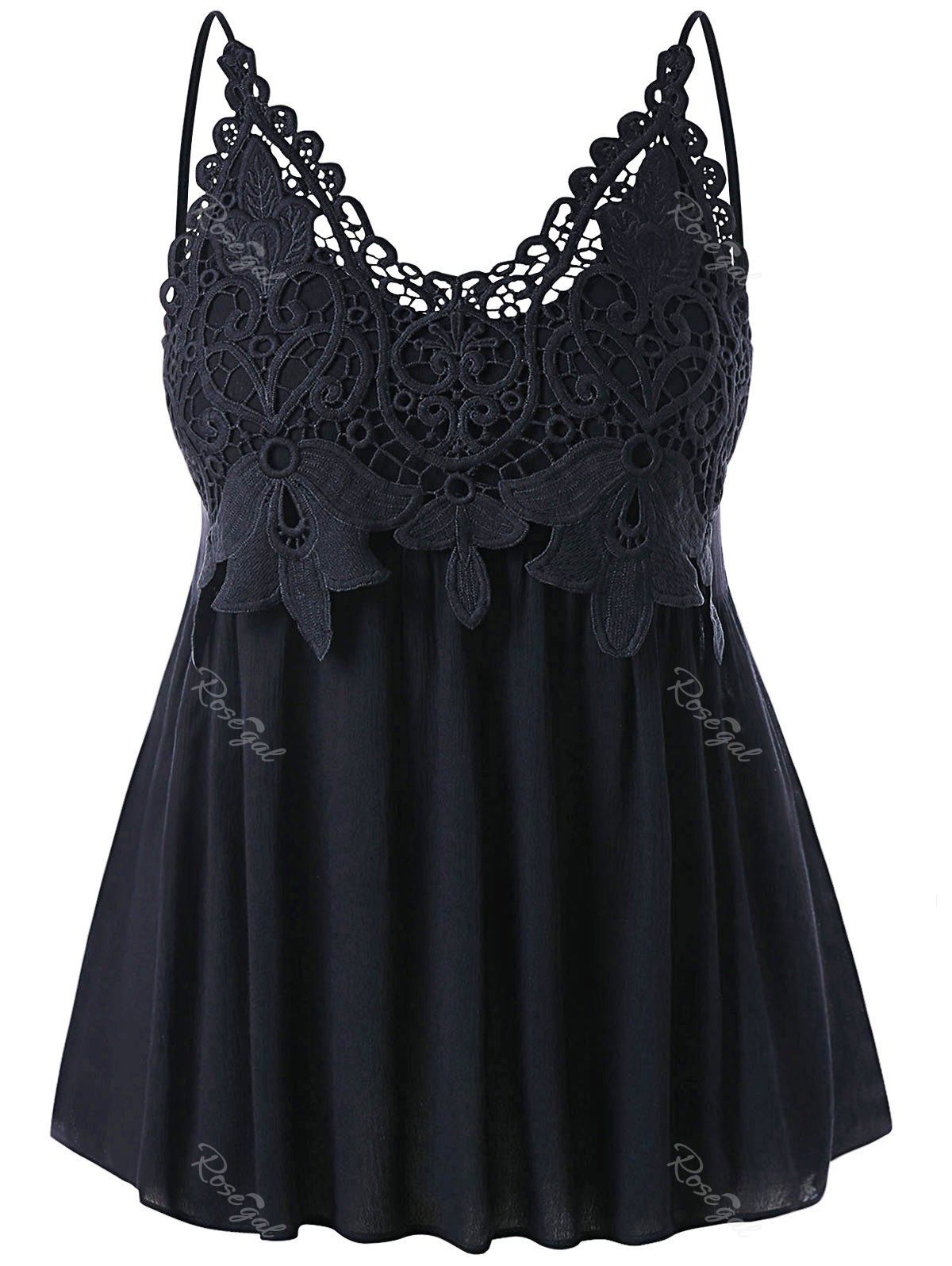 

Plus Size Cutwork Lace Trim Smocked Tank Top, Black