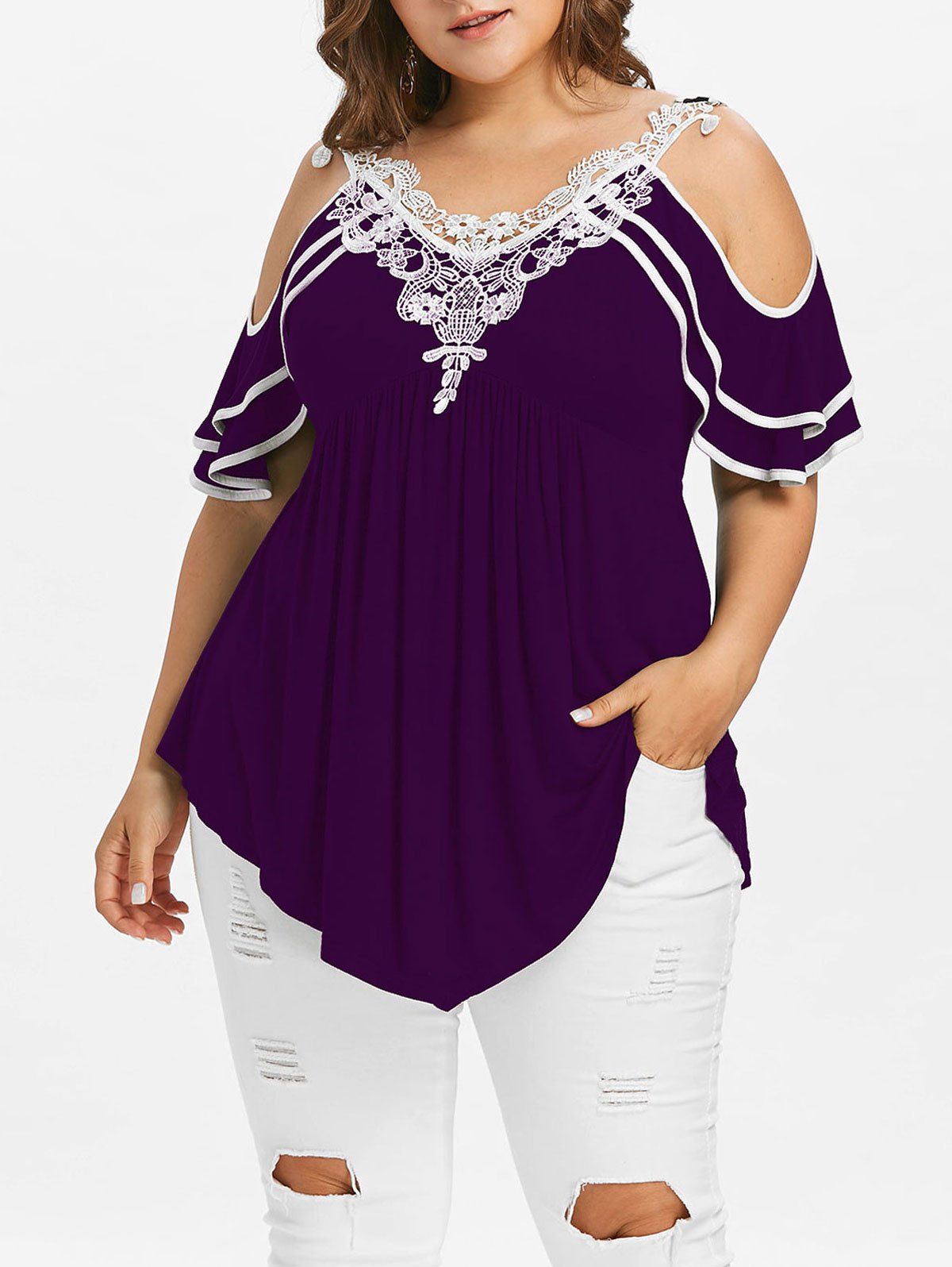 

Plus Size Tiered Sleeve Cold Shoulder T-shirt, Purple iris