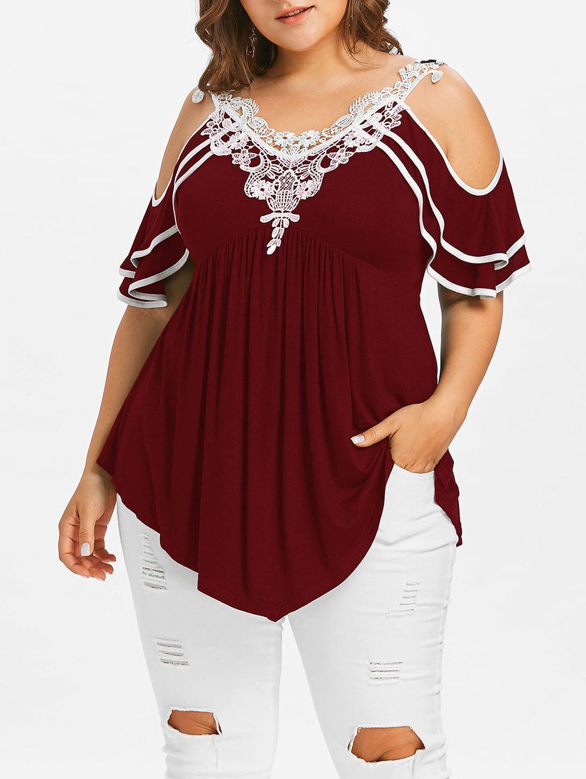 

Plus Size Tiered Sleeve Cold Shoulder T-shirt, Red wine