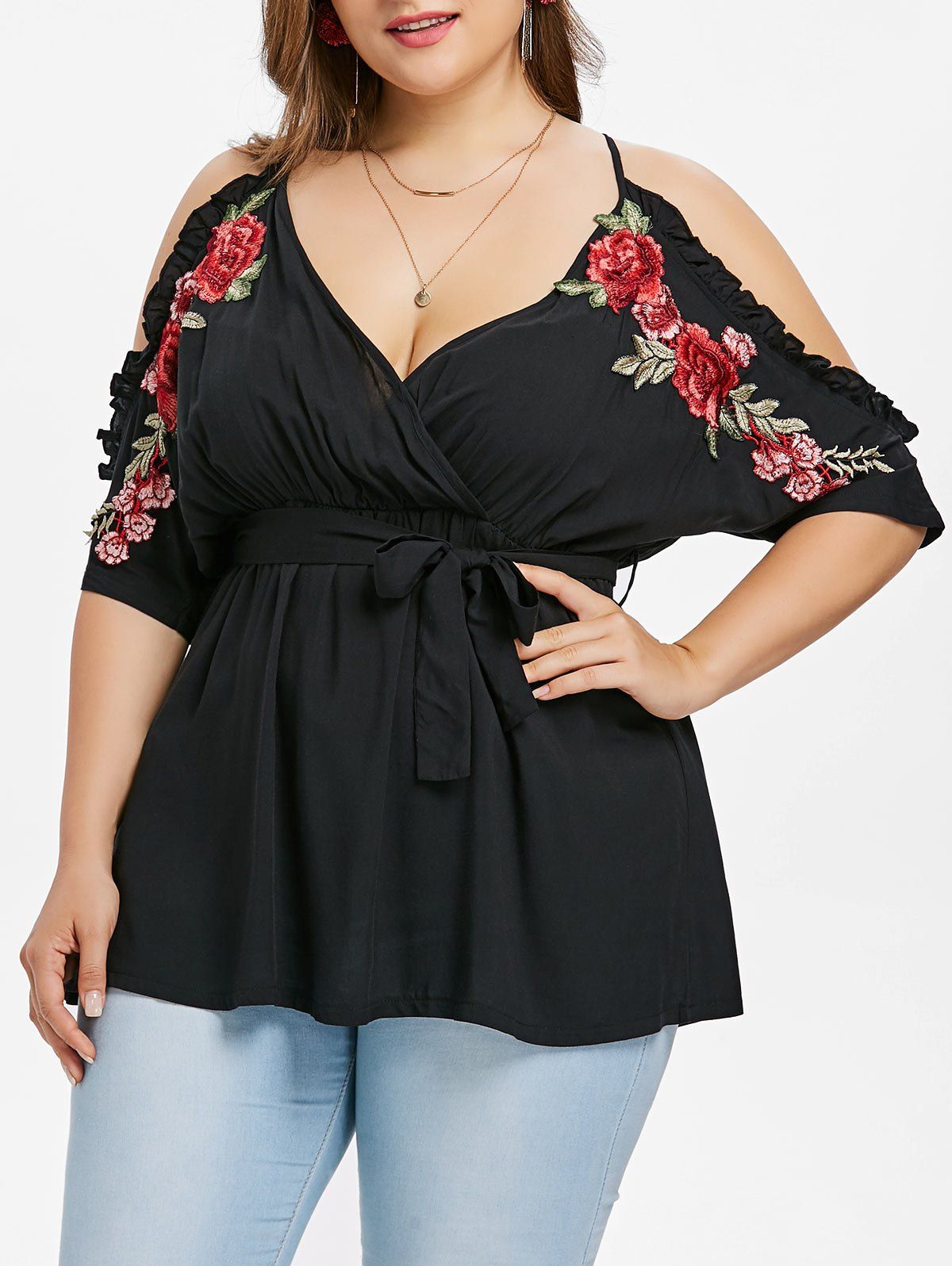 

Embroidered Trim Plus Size Surplice Blouse, Black