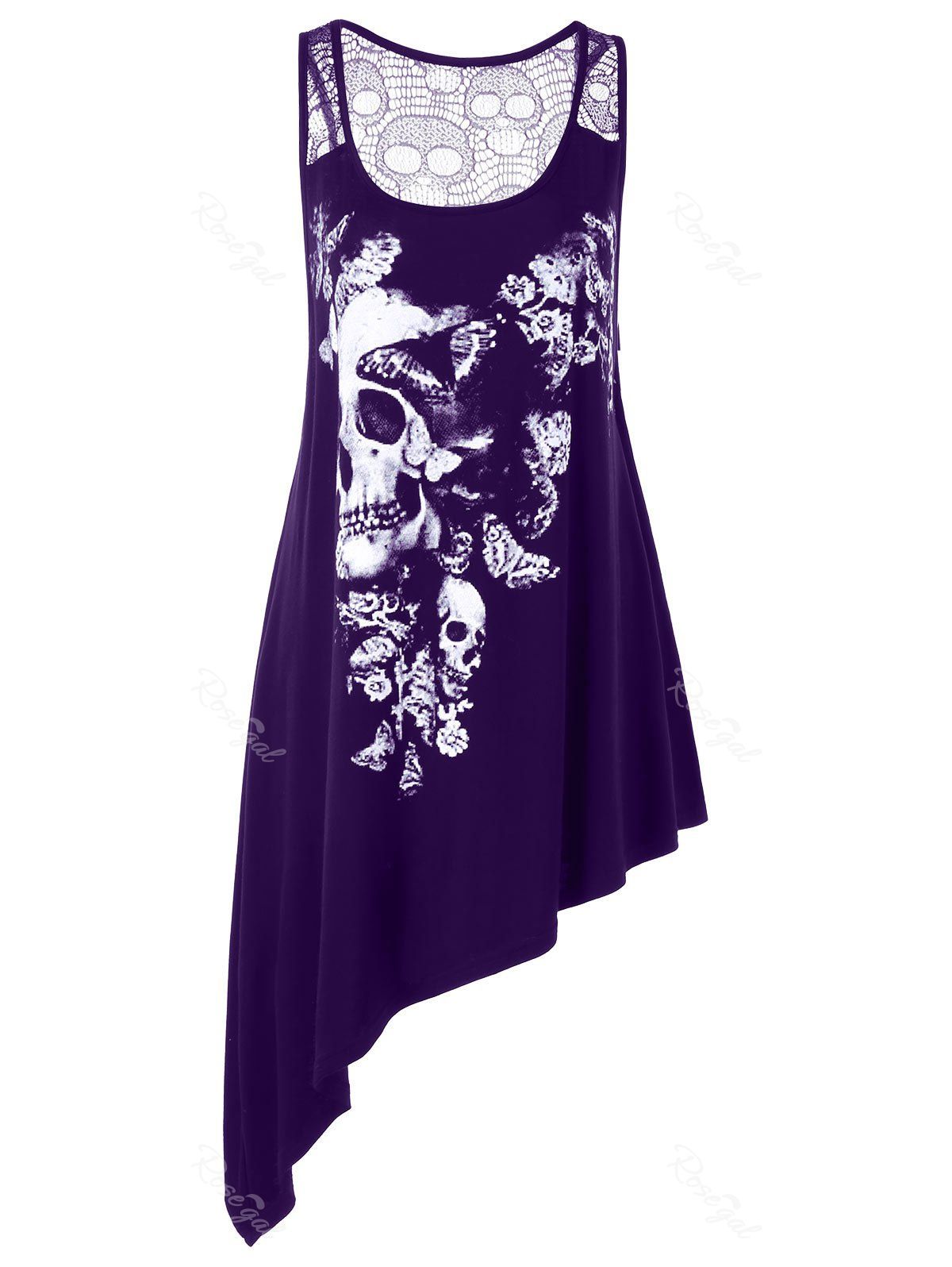 

Plus Size Lace Yoke Asymmeric Skull Tank Top, Purple