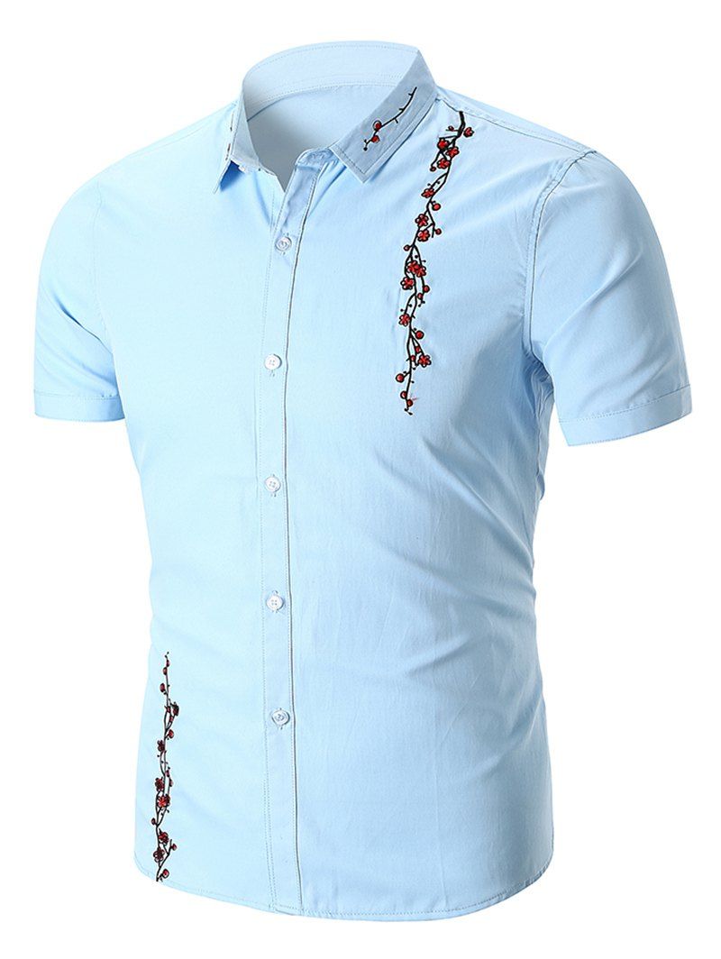 

Embroidery Plum Blossom Print Button Up Shirt, Sky blue