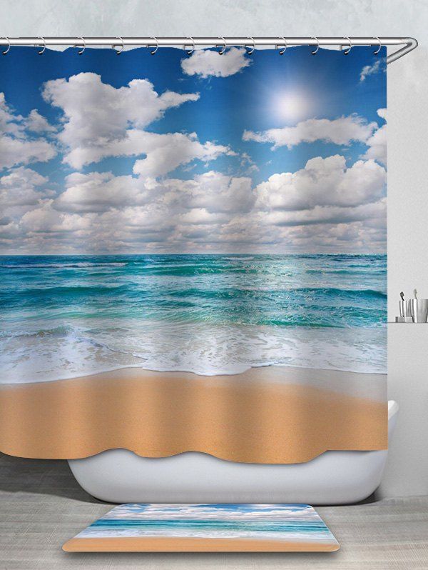 

Beach Print Waterproof Shower Curtain with Mat, Multi