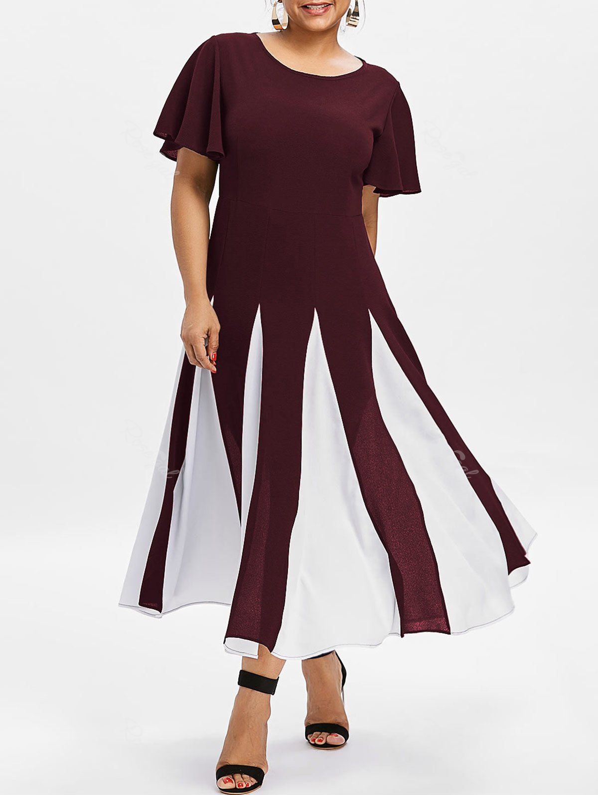 

Plus Size Two Tone Flare Dress, Red wine