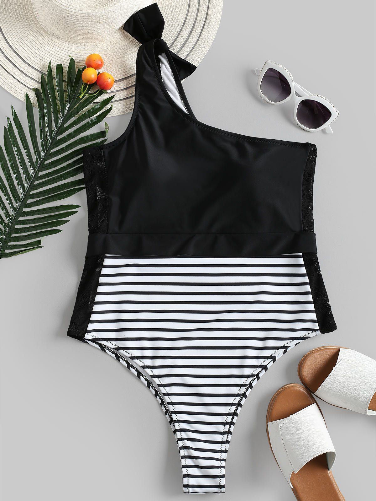 

Bowknot Lace Panel Swimsuit, Black