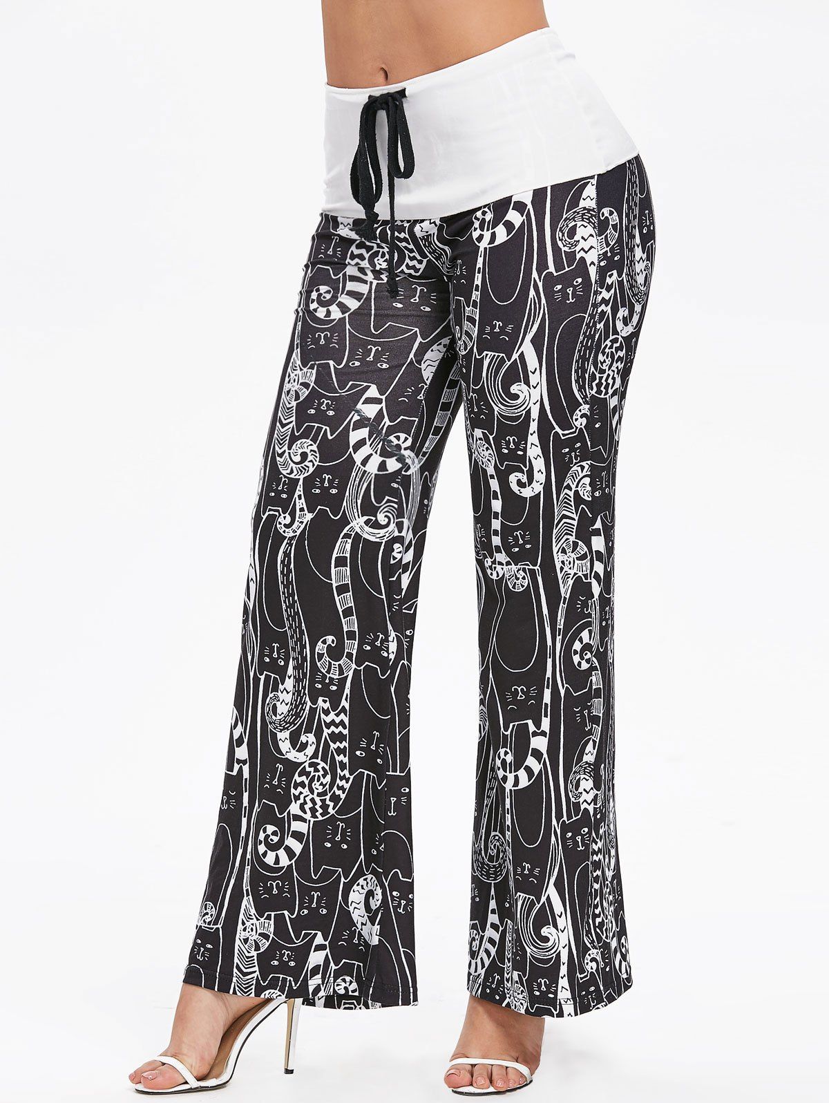 

Cartoon Cat Print Drawstring Wide Leg Pants, Black