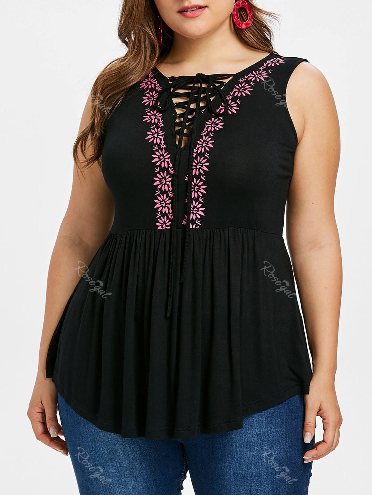 

Plus Size Lace Up Cut Out Tank Top, Black