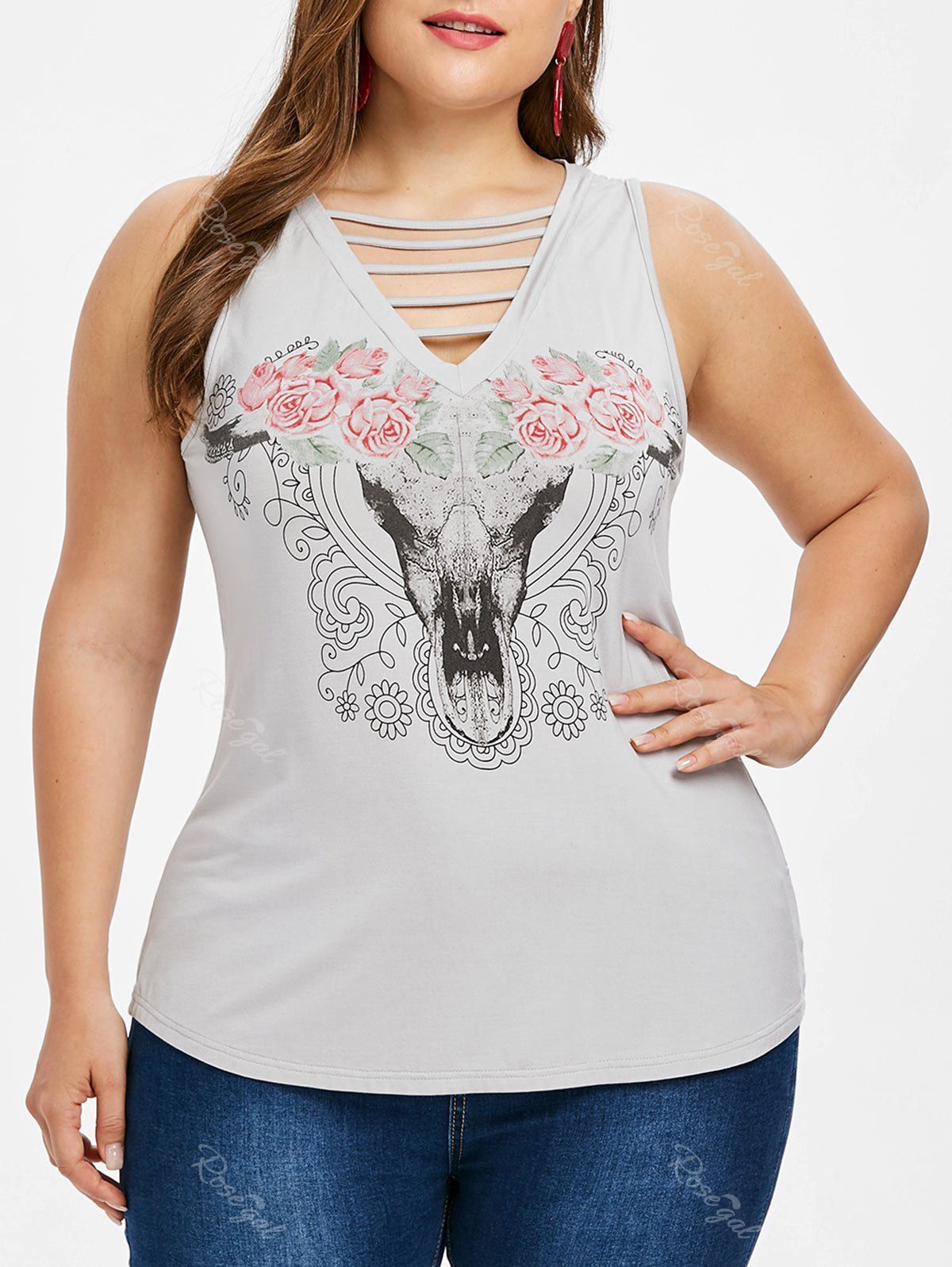 

Plus Size Graphic Ladder V Neck Tank Top, Light gray