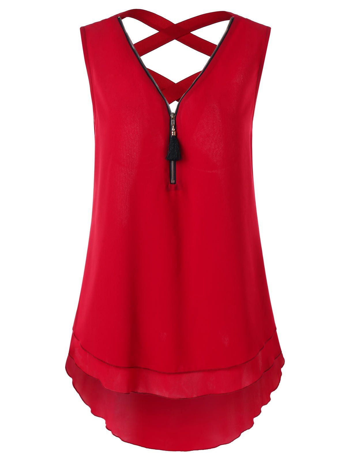 

Criss Cross Layered High Low Tank Top, Red