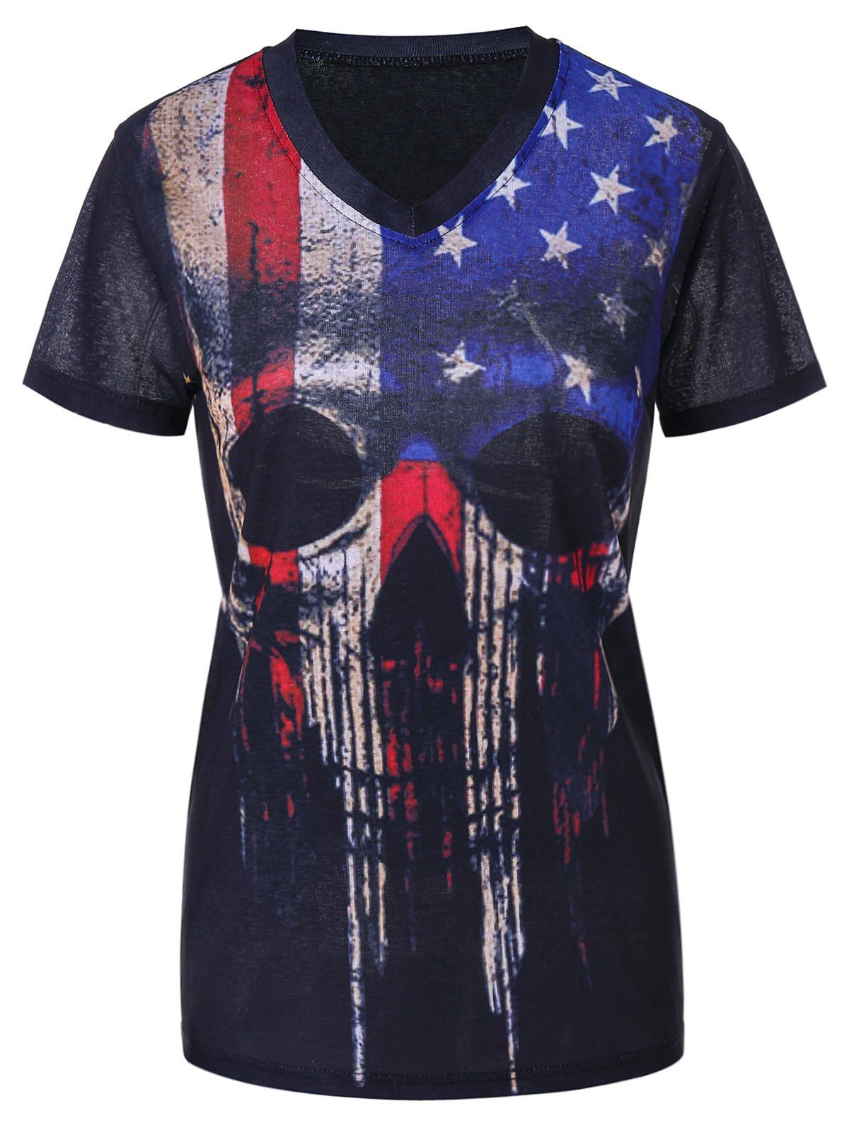

American Flag Skull Print Short Sleeve T-shirt, Black