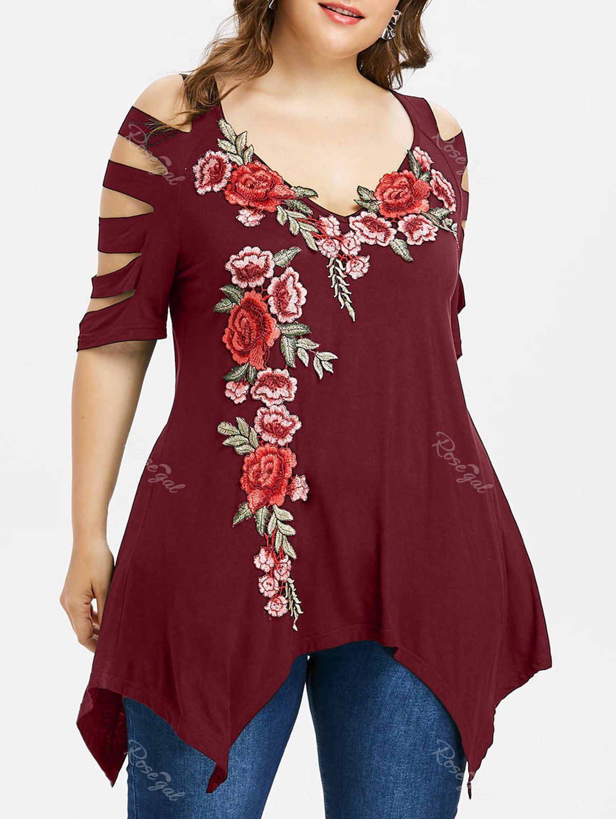 

Plus Size Shredding Cut Embroidery T-shirt, Red wine