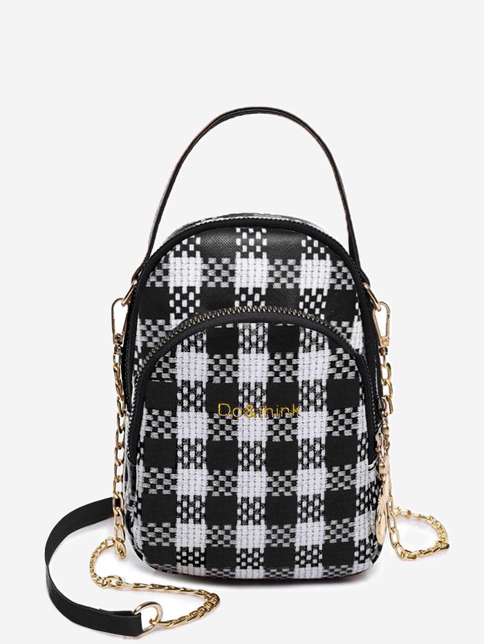 

Headphone Hole Top Handle Plaid Chain Crossbody Bag, Black