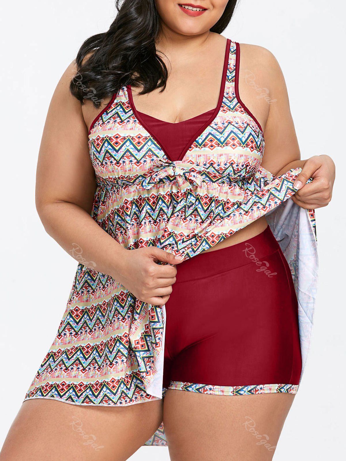 

Plus Size Chevron Empire Waist Tankini Set, Red wine