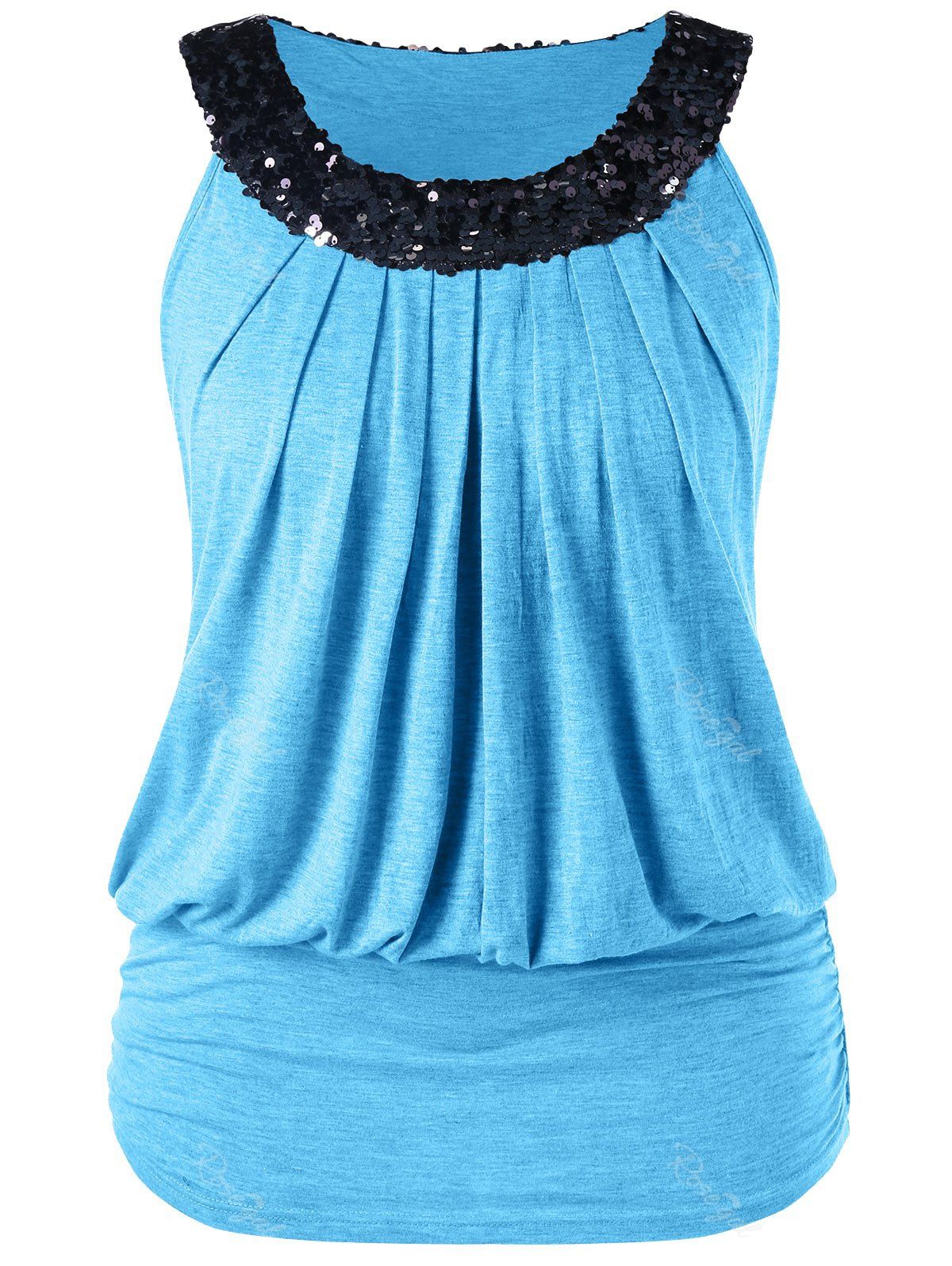 

Plus Size Sleeveless Sequined Blouson T-shirt, Crystal blue