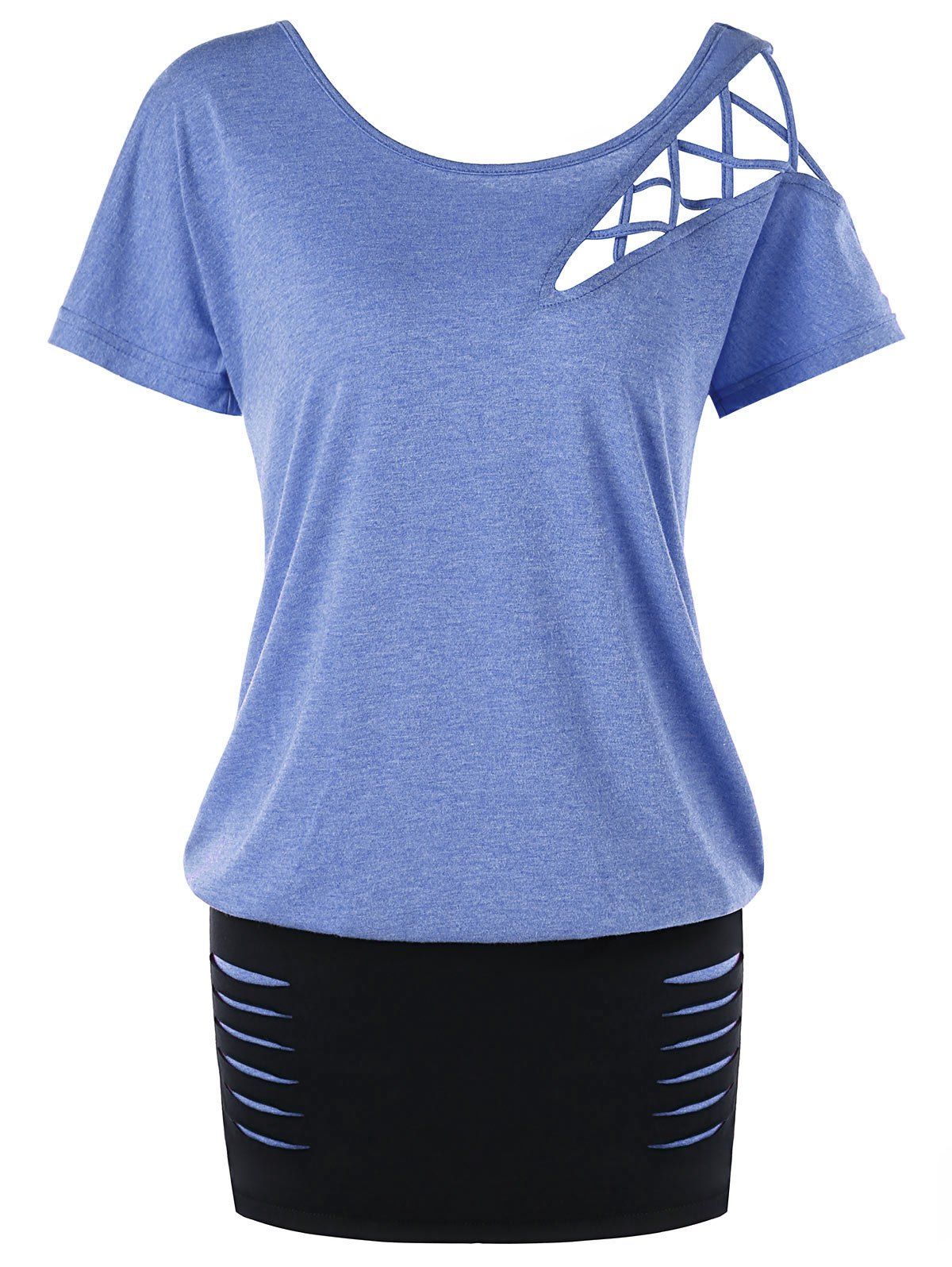 

Lattice Cut Ripped Blouson T-shirt, Cornflower blue