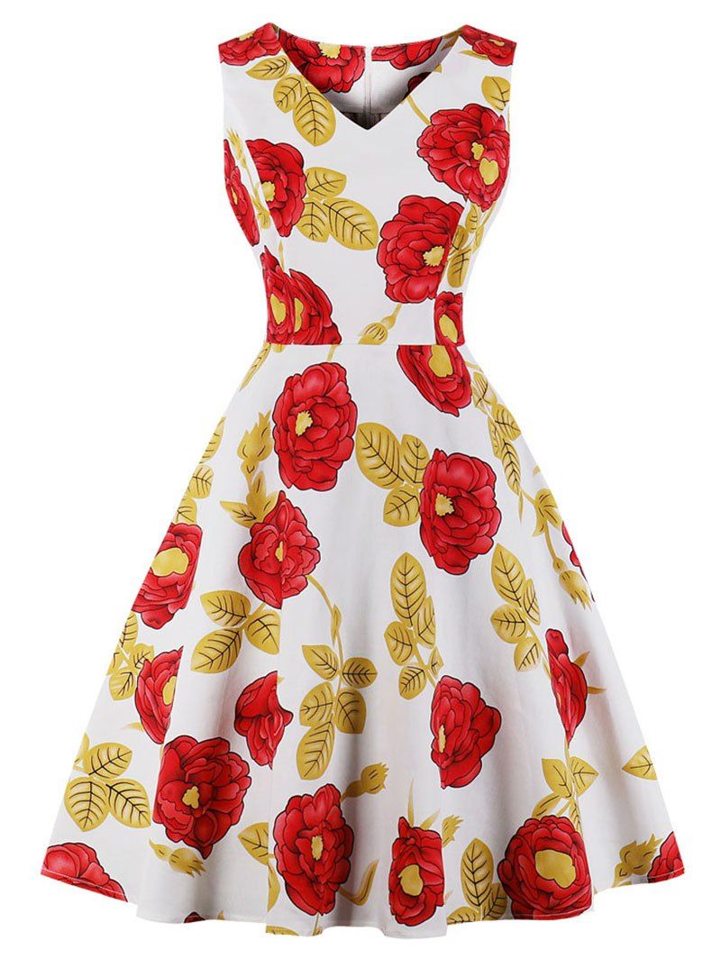 

Vintage Floral Print Fit and Flare Dress, White