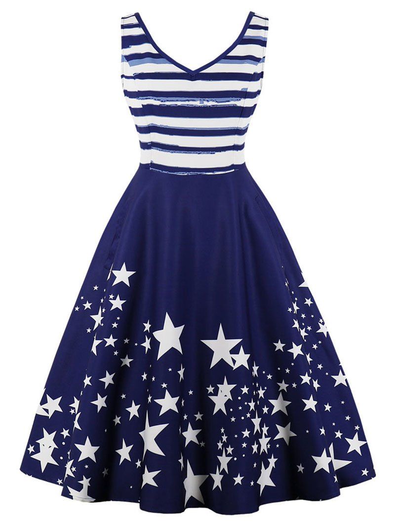 

Vintage Stripe Star Print Swing Dress, Deep blue