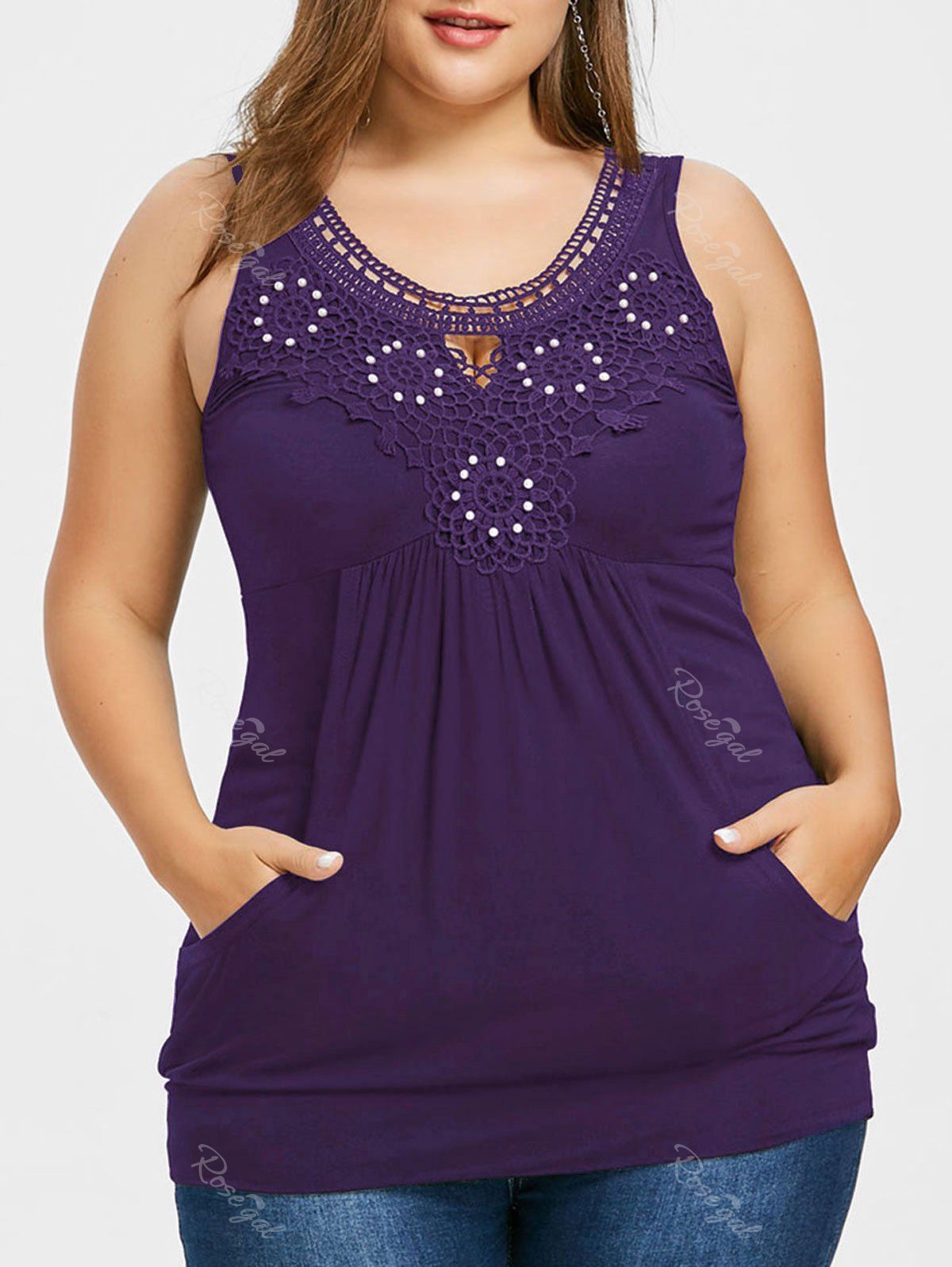 

Plus Size Crochet Trim Kangaroo Pocket Tank Top, Purple haze