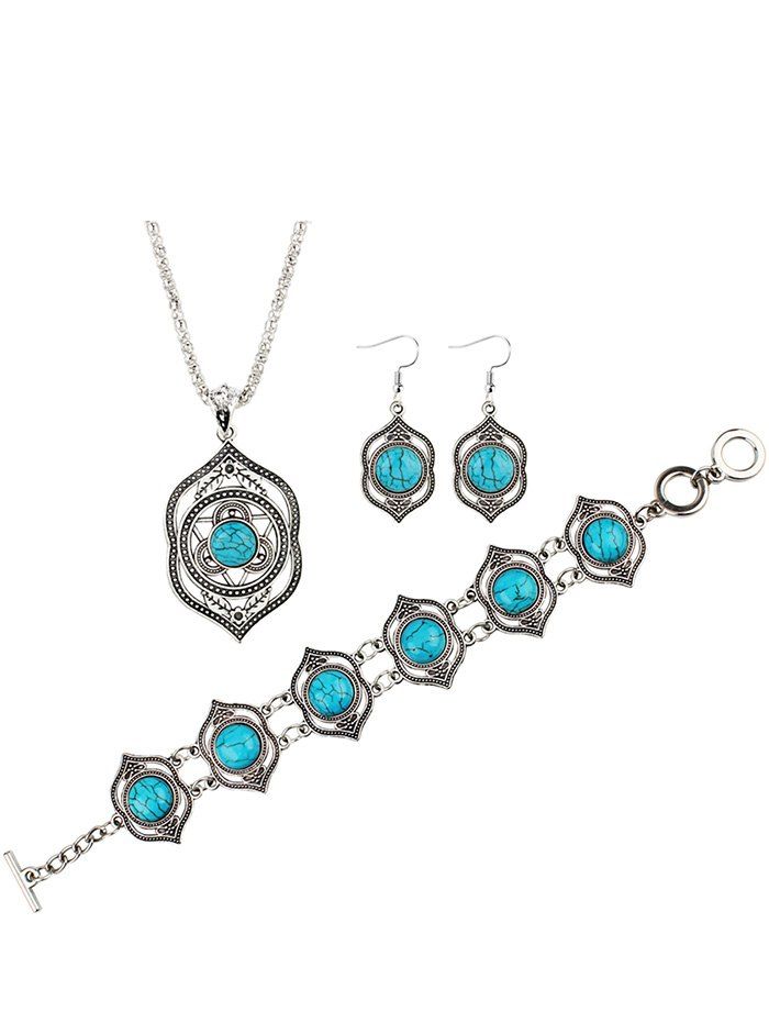 

Hollow Out Faux Turquoise Carved Necklace Earrings Bracelet Set, Blue diamond