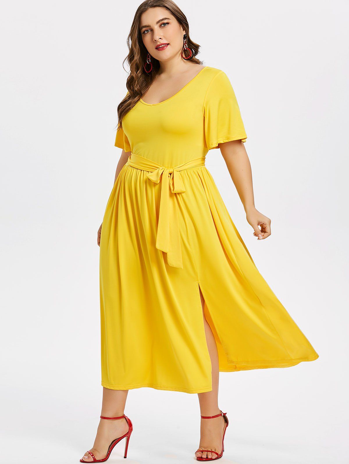 

Plus Size Plain Belted Dress, Yellow