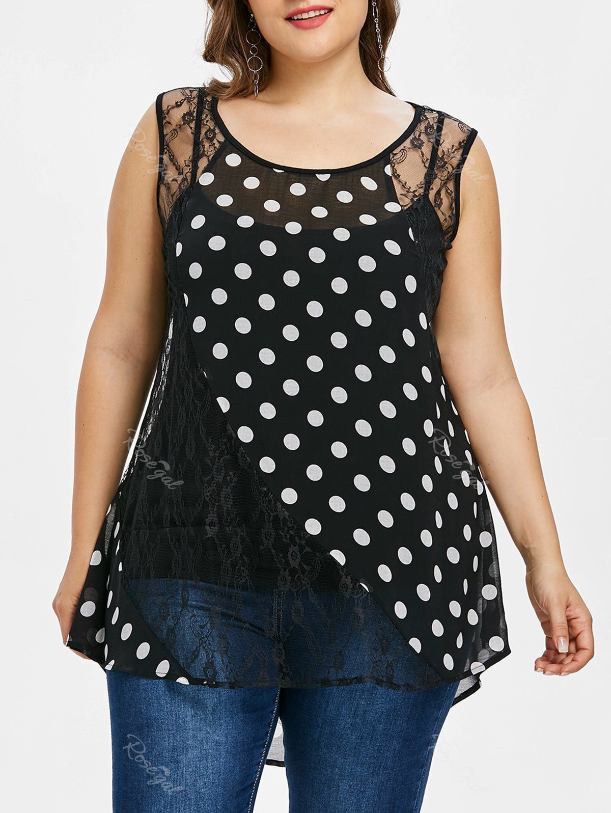 

Plus Size Lace Insert High Low Tank Top, Black