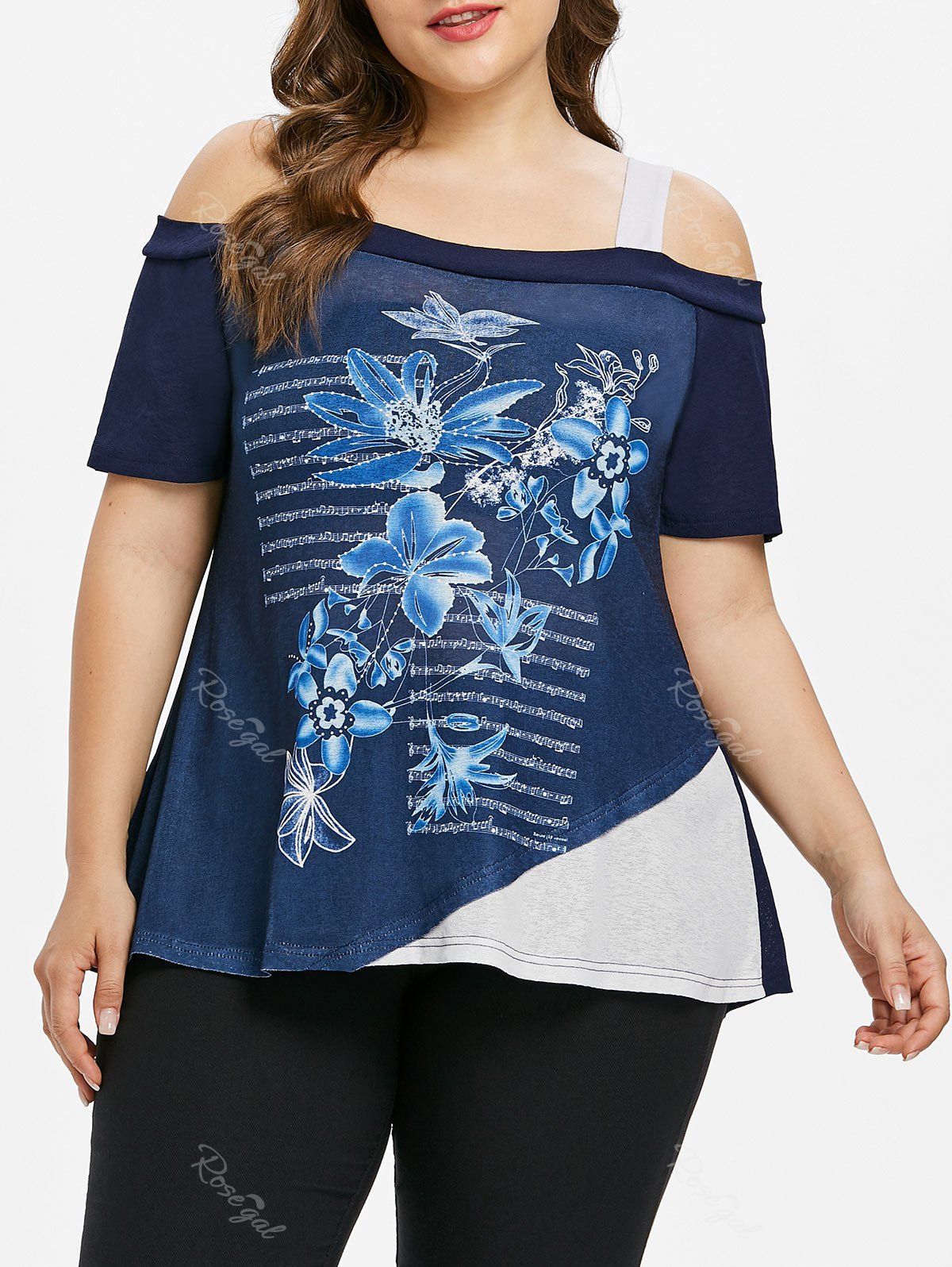 

Open Shoulder Plus Size Floral Print T-shirt, Deep blue