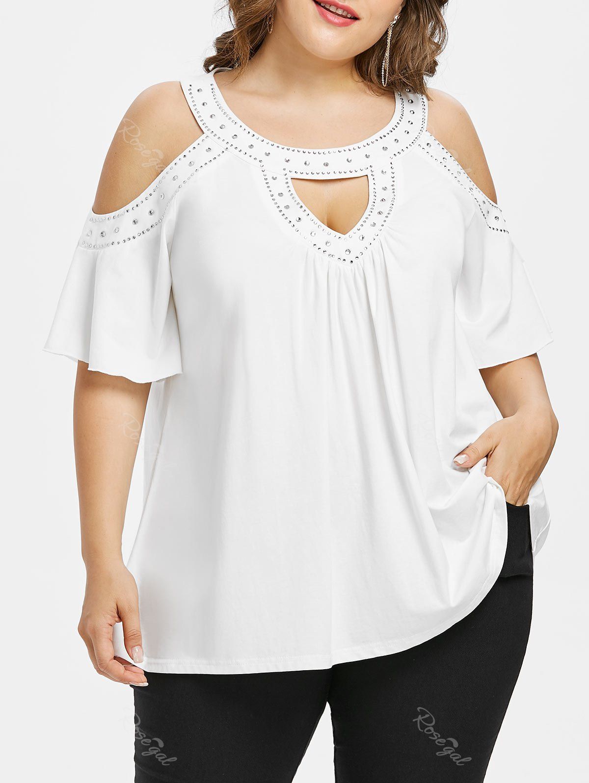 

Rhinestone Embellished Plus Size Cut Out T-shirt, White