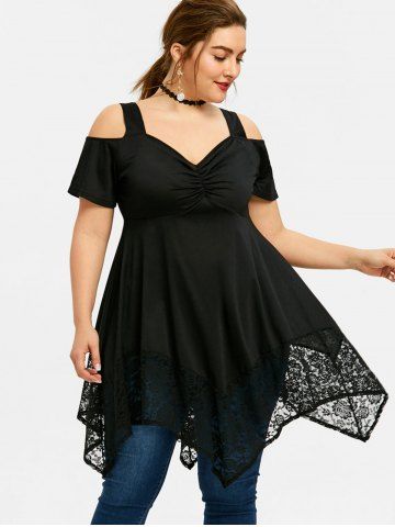 

Plus Size Lace Open Shoulder Handkerchief Top, Black